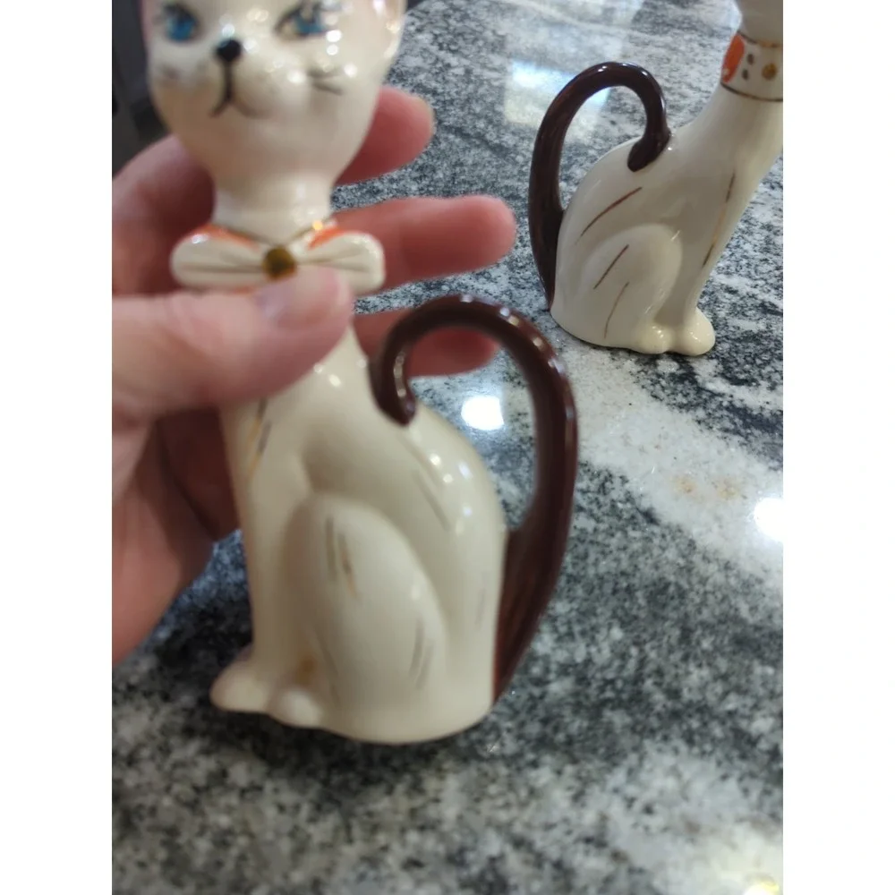 Vintage MCM Pair of Porcelain Cats Kitties Blue Eyes Tall Kitchy Long Tails